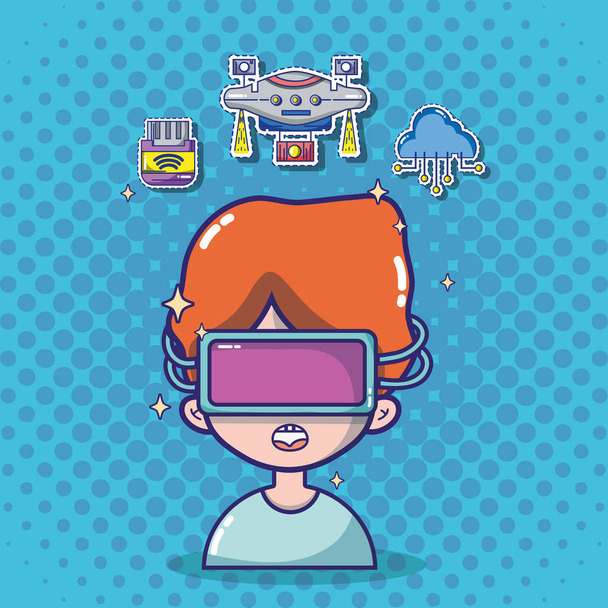 Mädchen mit Virtual-Reality-Headset und Elementen Vektor Illustration Grafik-Design - Vektor, Bild