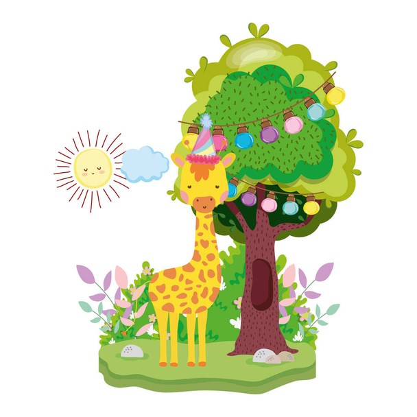 cute and little giraffe with party hat character vector illustration design - Vettoriali, immagini