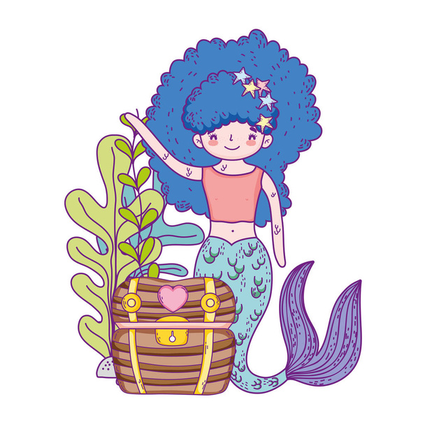 Meerjungfrau mit Schatztruhe Unterwasser Szene Vektor Illustration Design - Vektor, Bild
