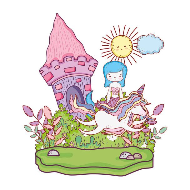 sirena con unicornio y castillo en la ilustración vector paisaje
 - Vector, imagen