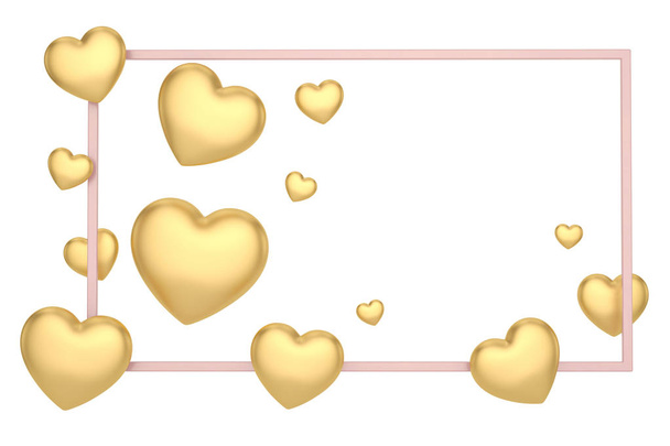 Hearts and gold frame valentines day background. 3D illustration. - Foto, Bild