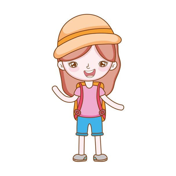 мандрівник з елементами подорожі дівчина з капелюхом повне тіло на білому тлі Векторні ілюстрації графічний дизайн
 - Вектор, зображення