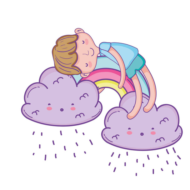 Cute chłopiec marzy na chmury z rainbow uśmiechający się kreskówka - Wektor, obraz