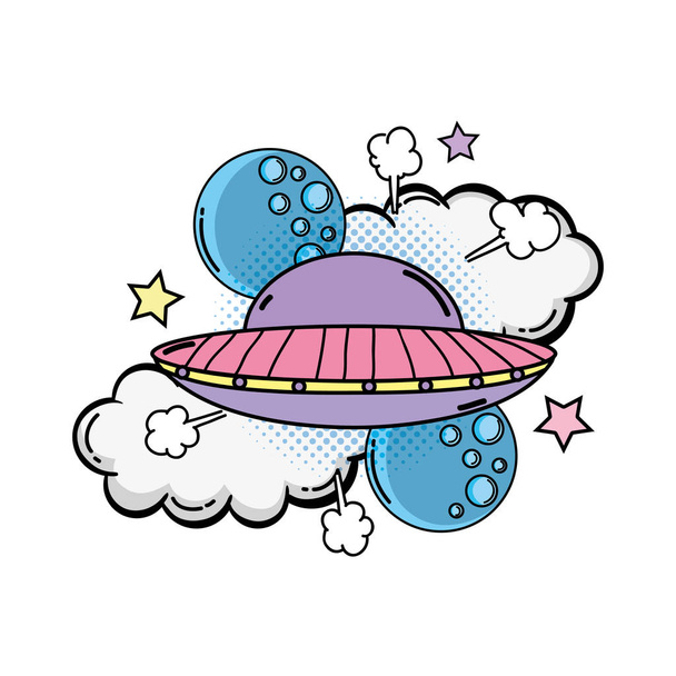 Ufo fliegen mit Planeten Pop Art Stil Vektor Illustration Design - Vektor, Bild