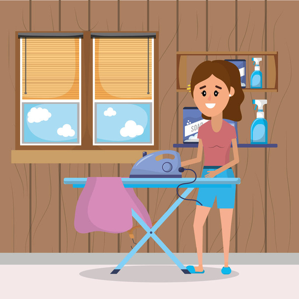 Donna in lavanderia con elettrodomestici disegno grafico vettoriale cartone animato
 - Vettoriali, immagini