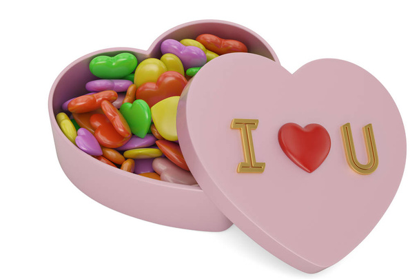 Heart shaped gift box and hearts on white background. 3D illustration. - Valokuva, kuva