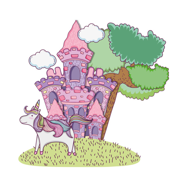 beau château de conte de fées avec licorne dans l'illustration vectorielle de paysage
 - Vecteur, image