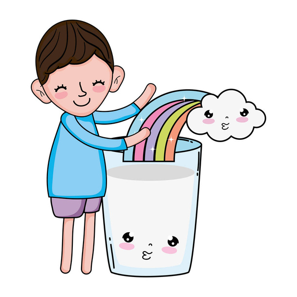 little boy with milk and rainbow kawaii character vector illustration design - Vector, Image