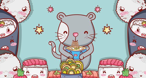 Gato y comida japonesa lindo kawaii dibujos animados
 - Vector, Imagen