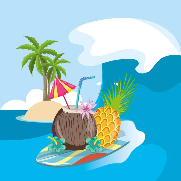 trópusi tengerpart táj témát koktél ital és elemek vektoros illusztráció grafikai tervezés - Vektor, kép