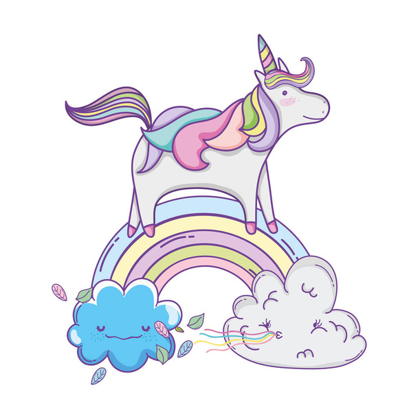 Schattig unicorn vliegen op wolk met regenboog cartoon vector illustratie grafisch ontwerp - Vector, afbeelding