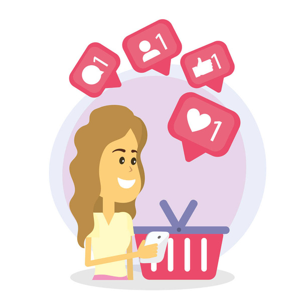 Femme faisant du shopping en ligne sur le magasin à partir d'illustration vectorielle de dessin animé smartphone design graphique
 - Vecteur, image