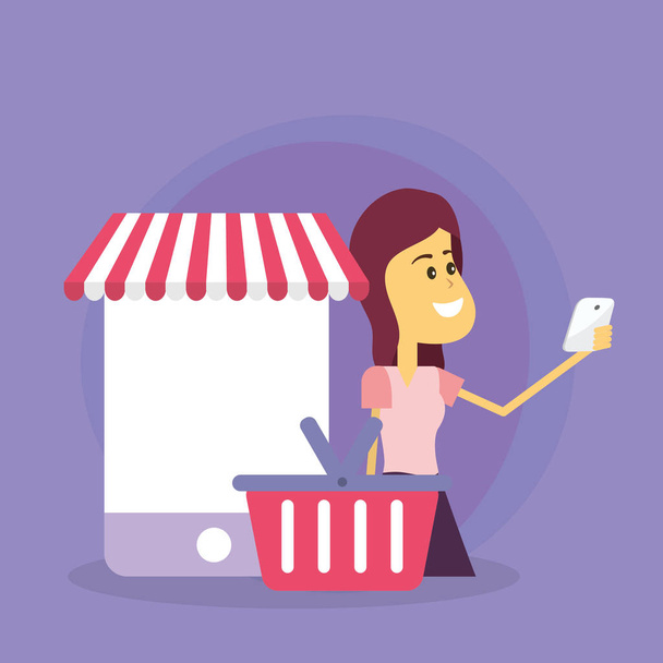 Жінка купує онлайн в магазині зі смартфона мультфільм Векторні ілюстрації графічний дизайн
 - Вектор, зображення