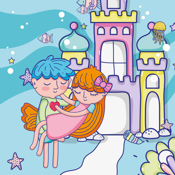 Garçon et fille en amour sur fantaisie château sous-marin vectoriel illustration conception graphique
 - Vecteur, image