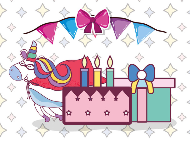 Kids verjaardagsfeest met grafisch ontwerp met eenhoorn cartoon vector illustratie - Vector, afbeelding