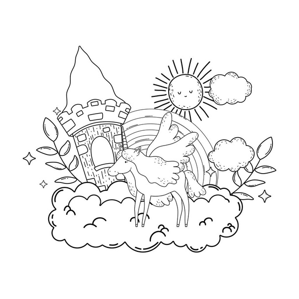 aranyos unicorn castle és szivárvány-felhő vektoros illusztráció design - Vektor, kép