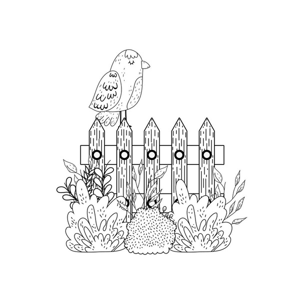 όμορφο πουλί με Μπους και φράχτη σχεδιασμό εικονογράφηση διάνυσμα - Διάνυσμα, εικόνα