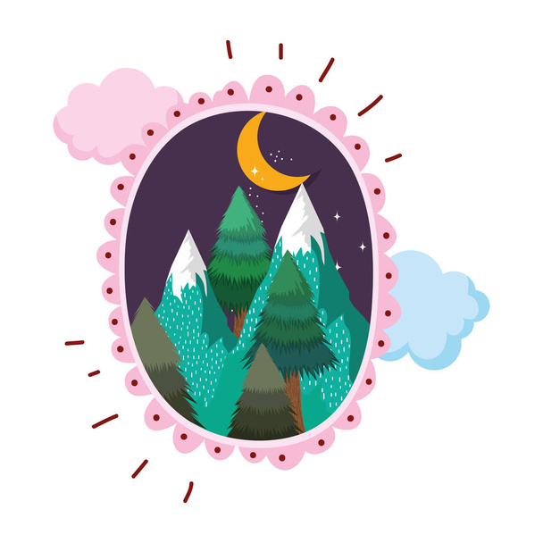 landscape with snow mountain circular frame on night vector illustration - Vector, Image