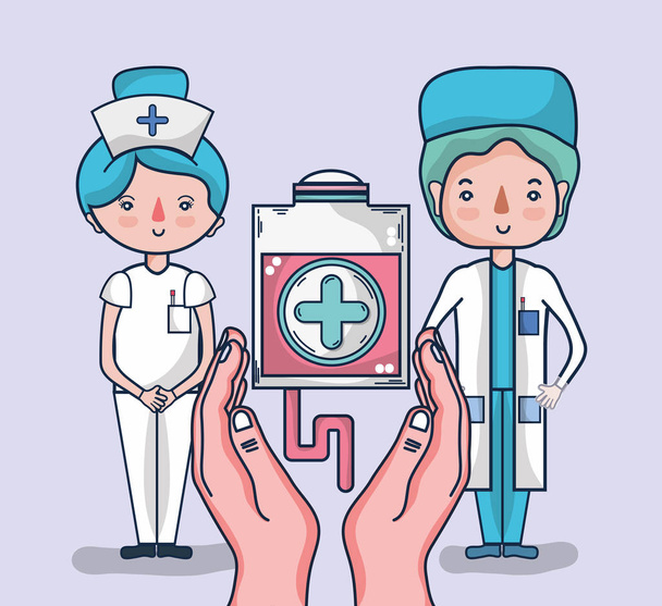 orvos és női nővér vér adomány gyűjtés táska rajzfilm vektoros illusztráció grafikai tervezés - Vektor, kép