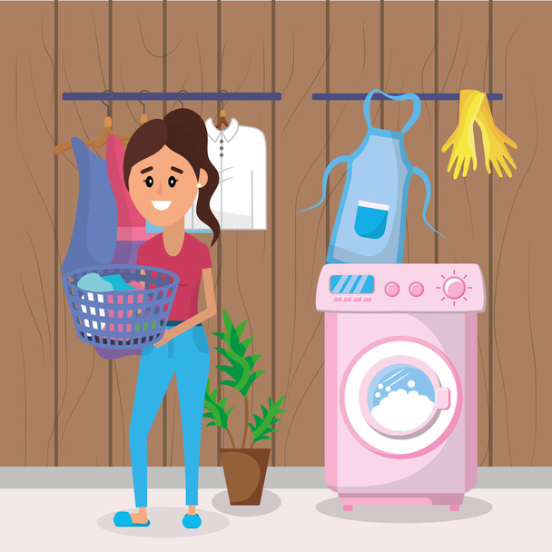 Mulher na lavanderia com aparelhos desenho animado vetor ilustração design gráfico
 - Vetor, Imagem
