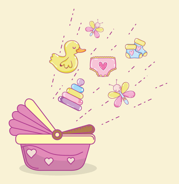 Baby zuhanyzó játékok és ünneplés aranyos rajzfilmek vektoros illusztráció grafikai tervezés - Vektor, kép