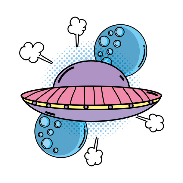 Ufo fliegen mit Planeten Pop Art Stil Vektor Illustration Design - Vektor, Bild