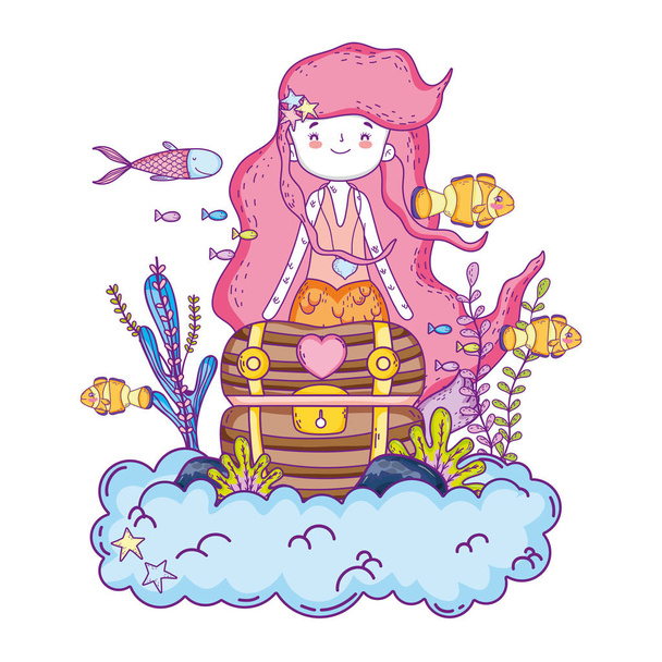mermaid with treasure chest undersea scene vector illustration design - Vektor, obrázek