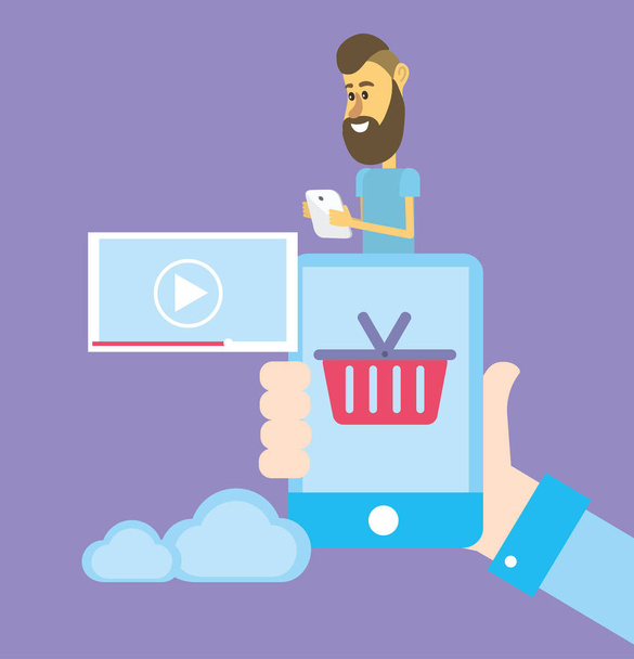 Молодий чоловік купує онлайн в магазині зі смартфона мультфільм Векторні ілюстрації графічний дизайн
 - Вектор, зображення