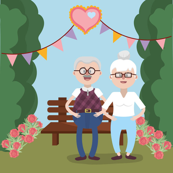 Avós casal adorável idosos no banco desenho animado vetor ilustração design gráfico
 - Vetor, Imagem