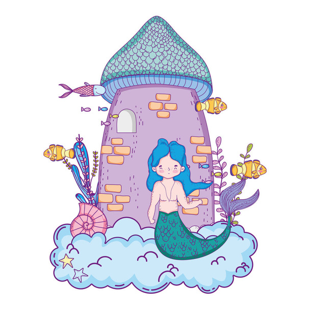 mannelijke zeemeermin met kasteel onderzeese scène vector illustratie ontwerp - Vector, afbeelding