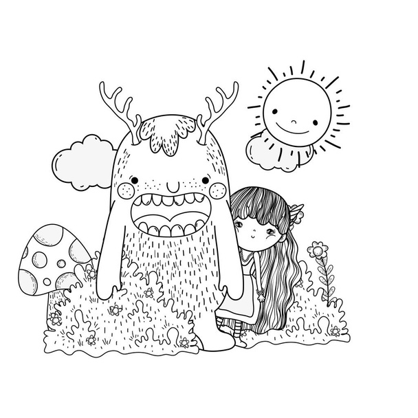 Little fairy met monster in het veld vector illustratie ontwerp - Vector, afbeelding