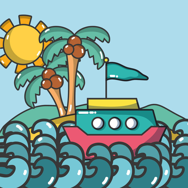 Boat navigating on sea and beach vector illustration graphic design - Vector, Image