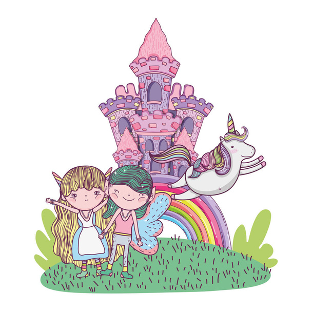 schattige kleine feeën koppel met kasteel en regenboog vector illustratie ontwerp - Vector, afbeelding