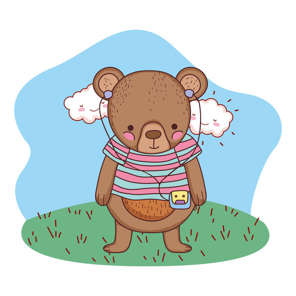 cute little bear with shirt and walkman in the camp vector illustration - Vector, Image