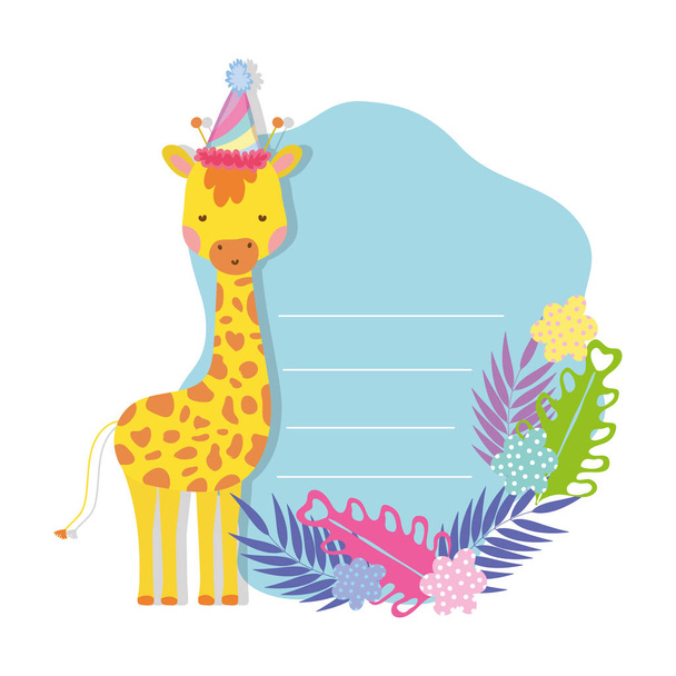 cute and little giraffe with party hat character vector illustration design - Вектор, зображення