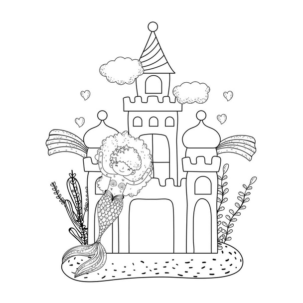 γοργόνα με σχεδιασμό εικονογράφηση διάνυσμα υποθαλάσσια σκηνή κάστρο - Διάνυσμα, εικόνα