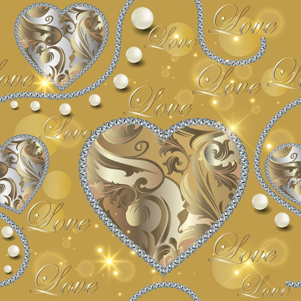 Barokke juwelen versiering 3d vector naadloze patroon. Diamanten sier glanzende liefde achtergrond. Parels sieraden sierlijke herhalen achtergrond. Gedessineerde liefde harten sieraad met barok bloemen, bladeren - Vector, afbeelding