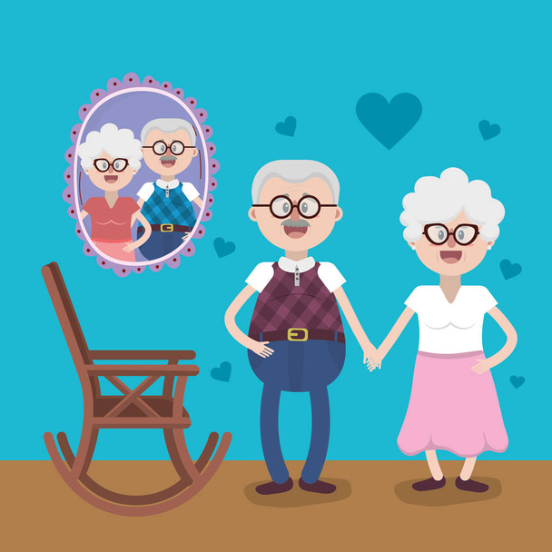 grandparents celebrating love together home interior cartoon vector illustration graphic design - Vector, Image