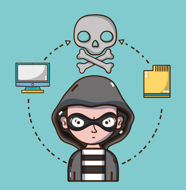 Hacker et systèmes de sécurité éléments technologiques et symboles dessins animés illustration vectorielle graphisme
 - Vecteur, image