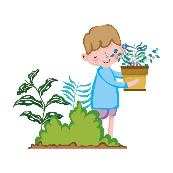 little boy lifting houseplant in the garden vector illustration design - Vector, Image
