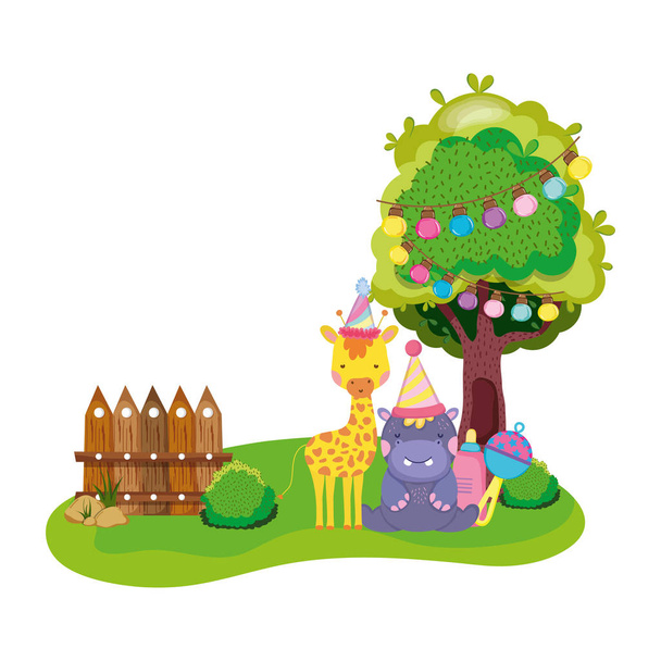 pequeña jirafa e hipopótamo con sombreros de fiesta vector ilustración diseño
 - Vector, imagen