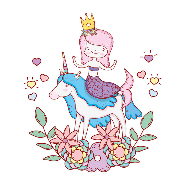 simpatica sirena con unicorno e decorazione floreale vettoriale illustrazione
 - Vettoriali, immagini