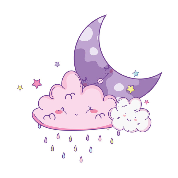 Clouds and moon smiling with stars cute cartoons vector illustration graphic design - Vector, Image