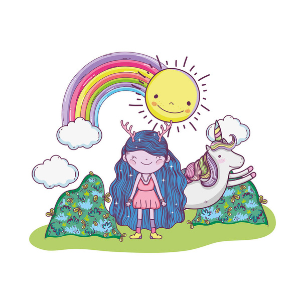 cute little fairy with rainbow and unicorn vector illustration design - ベクター画像