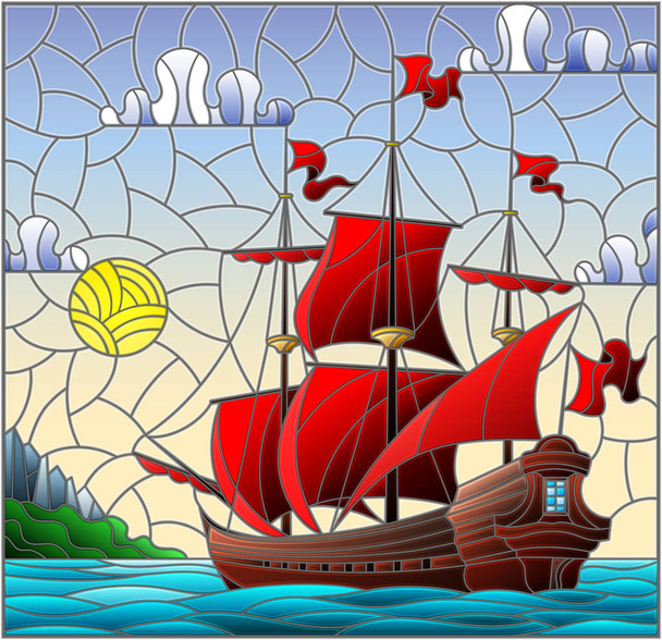 Gökyüzü, denizin ve güneşin doğuşunu karşı kırmızı yelkenli teknelerden stiliyle vitray çizimde - Vektör, Görsel