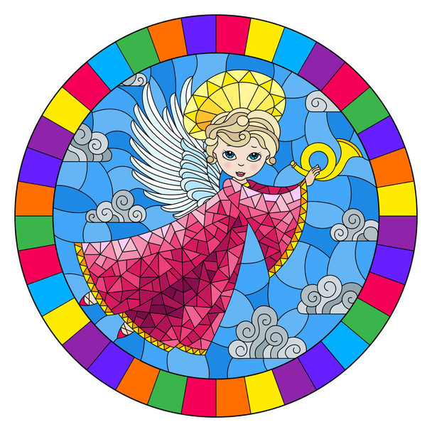 Иллюстрация в витражном стиле с мультяшным ангелом в розовом платье, играющим рог против облачного неба, круглое изображение в яркой рамке
 - Вектор,изображение