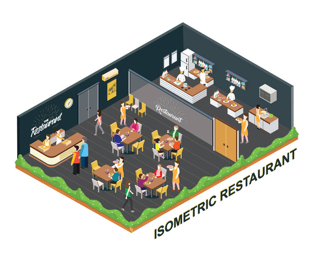 Isométrico Artwork Concepto de un restaurante, donde la gente está cenando con su familia y comiendo comida, y en la parte trasera hay una cocina abierta donde el chef está preparando comida para la gente
. - Vector, imagen