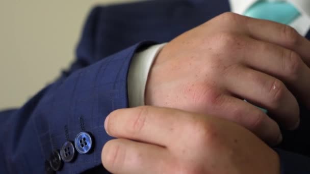 Businessman in white shirt and tie straightens his hands in his jacket in morning going to work. oncept of business employee. Dress code. Close-up - Footage, Video