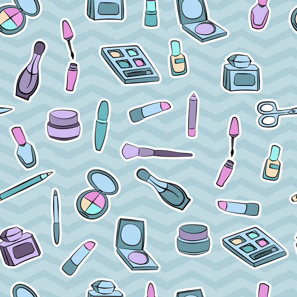 womans item stuff for beauty fashion makeup, patches seamless pattern - Vector, afbeelding