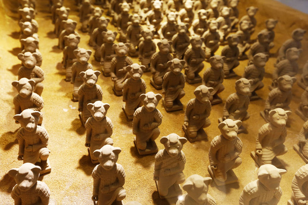Teddy bear-shaped Terracotta warriors are on display during an exhibition at a shopping mall in Shanghai, China, 17 August 2016 - Zdjęcie, obraz